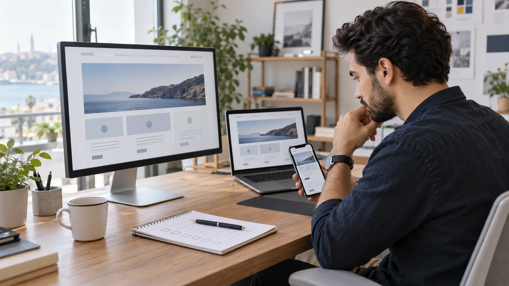 Web tasarım uzmanının masaüstü, dizüstü ve mobil ekranlarda siteyi denetlemesi